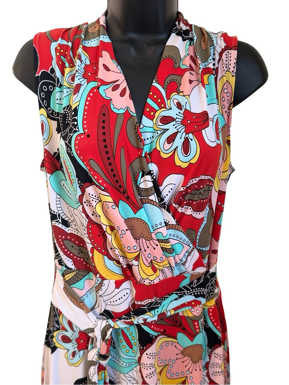 New York & Company Sleeveless Red Floral-Print Faux Wrap Maxi Dress Runs Big